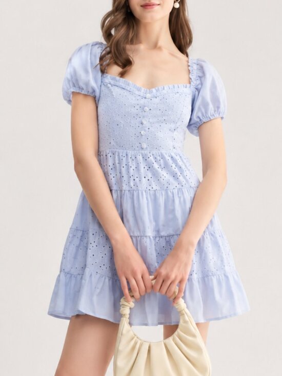 All in Favor Dresses & Skirts - Eyelet Babydoll Mini Dress M Puff Sleeve Smocked Blue